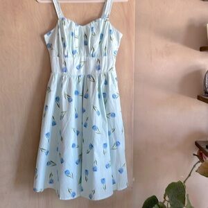 BELLE POGUE Women's Blue Floral Dress M Retro Sleeveless Sweetheart Neckline NWT